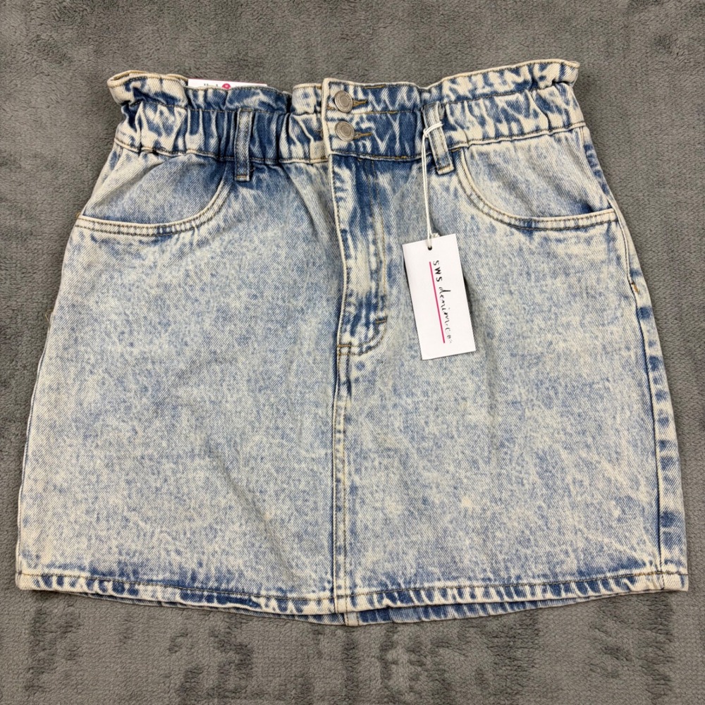 SWS Denim Co Womens Acid Wash Paperbag Waist Mini Skirt Light Blue Size M NWT